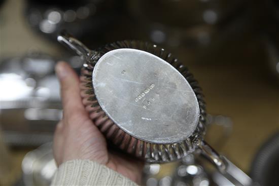 A silver sugar coaster, a specimen vase, a tortoiseshell tray and a quantity of silver plated items